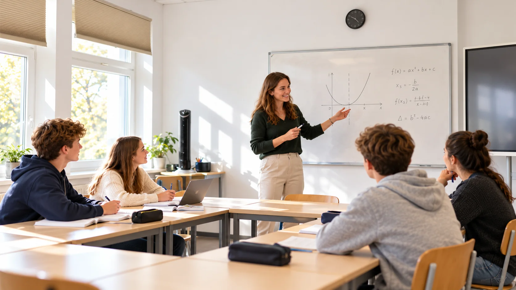 Symbolbild: Lehrerin erklärt an der Tafel einer Lerngruppe mit vier Jugendlichen Mathematik